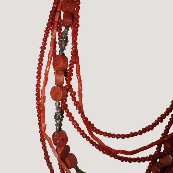 Red Coral Multi Strand Necklace 16 Inch Mexican 925 Sterling Silver Intricate - Picture 11 of 11